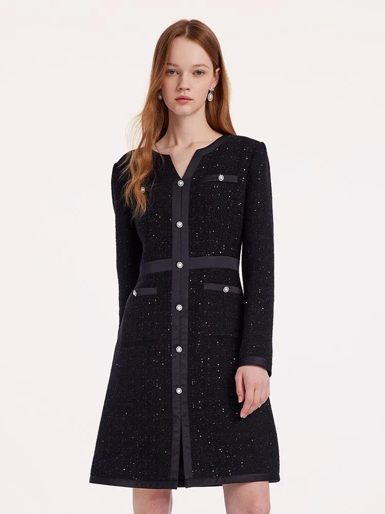 Removable Collar Tweed Waist-cinching Woolen Dress – GOELIA